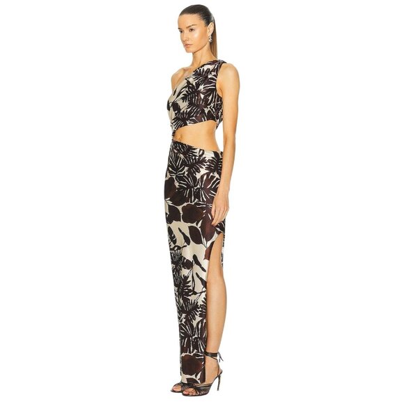 NICHOLAS Raya One Shoulder Asymmetrical Gown in Dark Chocolate Segovia Print 2 - Picture 3 of 16